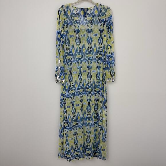 INC Womens M Nylon Sheer Swim Cover Up Ikat Blue Green Sequin Maxi Dress - Picture 6 of 6